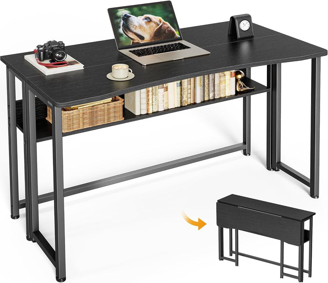 Huuger Folding Desk with Storage Shelf, 39.3 Inch Foldable Computer Table for Small Spaces, Space Saving Sofa Table for Couch, Writing Work Office Computer Desk, Easy to Fold, Black, 18.5"D x 39.4"W