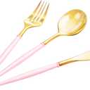 Lullaby 150PCS Gold Plastic Silverware - Disposable Flatware with Pink Handle, Includes 50 Knives, 50 Forks, 50 Spoons, Utensils Plastic disposable for Wedding, Party and Mother's Day