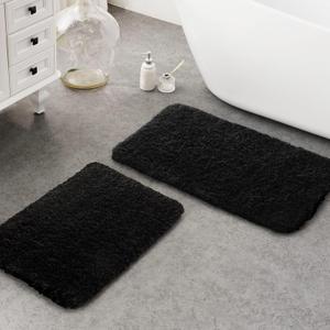 Ashler Bathroom Rugs Set of 2, Black Bath Rugs 2 Piece, Water Absorbing Bath Mat, Soft Microfiber Rectangle Bathroom Carpet, Machine Washable - 17x24 & 20x32 Inches