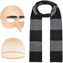 Waipfaru 3Pcs Halloween Costume for Adult, 2025 Bald Cap for Men Halloween Black Gray Striped Scarf and Mesh Wig Cap,Cosplay Classic Characters Party Set