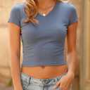 Women's Basic V Neck Short Sleeve T Shirts Summer Cute Baby Tee Slim Fit Cotton Tops (Blue, S)