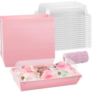 50 Pack Paper Charcuterie Boxes with Clear Lids, 7.5 Inch Small To Go Treat Containers for Desserts, Cookies, Sandwich, Pastry, Strawberries and Cupcakes (Pink)