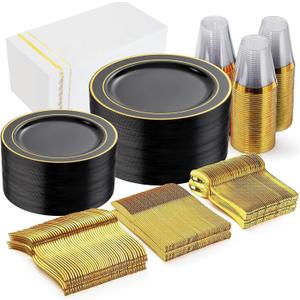 GATHER 350PCS Black Plastic Plates-Disposable Dinnerware Set Include 100PCS Black and Gold Plastic Plates, 150 Silverware, 50 Napkins, 50 Cups Perfect for Party & Wedding