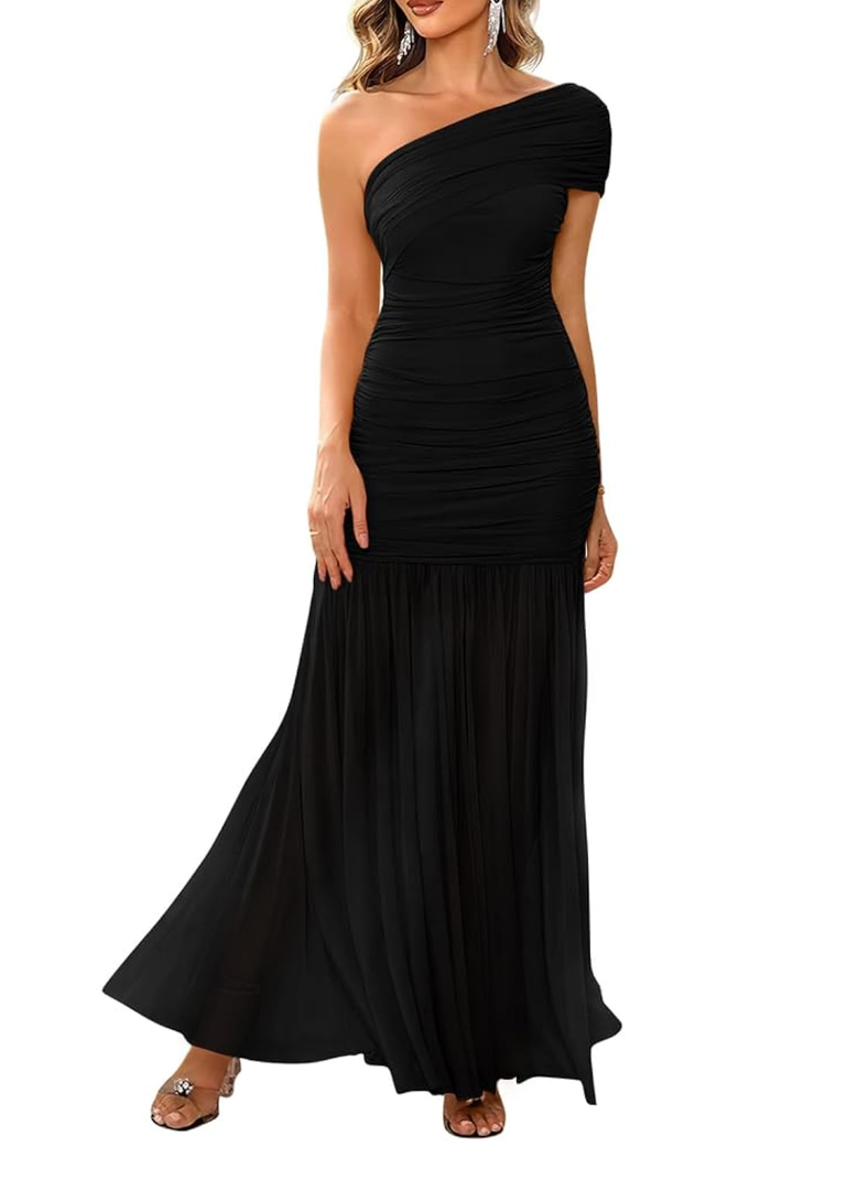 LAGSHIAN Women's Elegant Formal Long Dress One Shoulder Sleeveless Ruched Bodycon Evening Dress , S