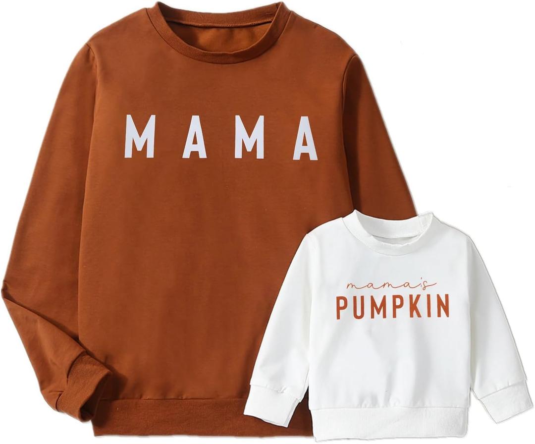 Mommy and Me Matching Outfits Halloween Pumpkin Sweatshirt Thanksgiving Baby Girl Outfit Fall Shirts (White)