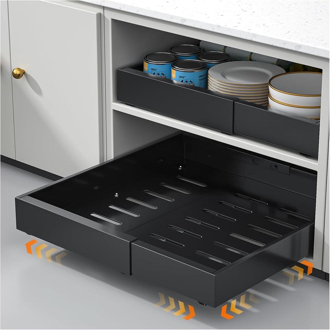 Expandable Pull Out Cabinet Organizer 16.5"Deep, 12.4-20.4" Slide Out Drawers for Kitchen Cabinet,Adjustable Cabinet Drawer for Pot/Pan,Pull Out Shelves Fixed with Adhesive Film or Screws (Black)