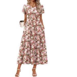 Zeagoo Summer Dresses for Women 2026 Maxi Bohemian Floral Short Sleeve Long Dress Casual Flowy Tired Beach Sundress (03-wf87)