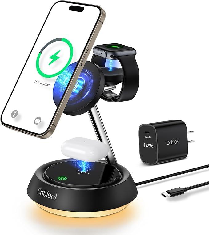 Cableet 3 in 1 Charging Station for Apple MagSafe Charging Station with Light, 15W Wireless Charger Stand Fast Charging for iPhone 16 15 14 13 12, AirPods&iWatch Series, Compact Design for Home/Office Black
