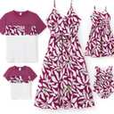 PATPAT Family Matching Outfits Mommy and Me Dresses Hawaiian Tropical Vacation Beach Spaghetti Strap Dress and Shirt (X-Large, Red Palm Leaf)