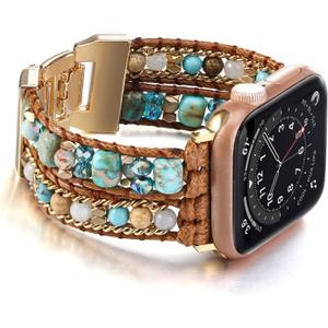 Boho Bracelet Compatible with Apple Watch Band 41mm 40mm 42mm 38mm 49mm 46mm 45mm 44mm Natural Stone Beaded iWatch Band Women Men Apple Watch Strap Ultra Series 11/10/9/8/7/6/5/4/3/2/1/SE 3/Ultra 3 (Blue)