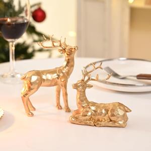 AOMOONOA 2Pcs Resin Reindeer Figurines for Christmas Decor Gold Tabletop Reindeer Statues Small Decorative Deer Figurines for Indoor Christmas Tabletop Mantle Decorations