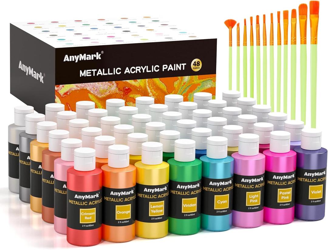AnyMark Metallic Acrylic Paint, 48 Colors with 12 Brushes, 2 fl oz/60ml Bottles, Glitter Acrylic Paint Set for Kids Adults Canvas, Rock, Wood