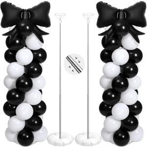 2 Sets Black White Bow Balloon Column Stand Kit Includes 2 Bows & 100 Latex Balloons Adjustable Stands for Princess Birthday Wedding Coquette Baby Shower Party Decoration