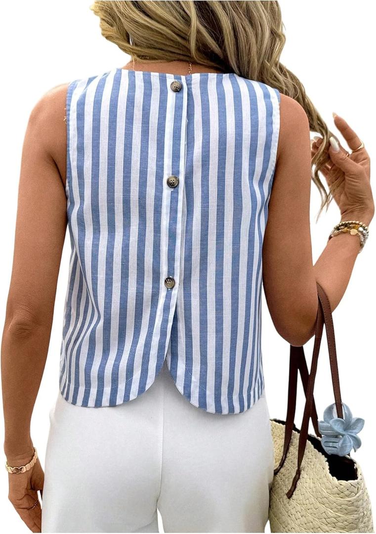 Women's Striped Sleeveless Blouses Button Down Crew Neck Split Summer Vacation Tank Tops (Blue, S)