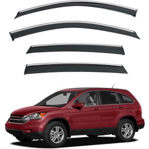 4pcs Sun Rain Guard Vent Compatible with 2007-2011 CRV CR-V Smoke Tint with Chrome Trim Outside Mount Tape On/Clip On Style PVC Window Visor