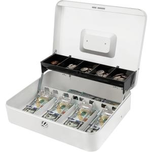 Jssmst Locking Large Metal Cash Box with Money Tray, Money Box with Key Lock, White, SM-CB0504L