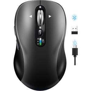 Wireless Bluetooth Mouse,Multi Device Ergo Computer Mouses,Metal 4-Way Super Scrolling, 3200 DPI,10 Buttons,Plug&Play,Quiet,Rechargeable,USB Cordless Mice for Laptop,Tablet,Mac,iPad,PC,Phone (Grey)