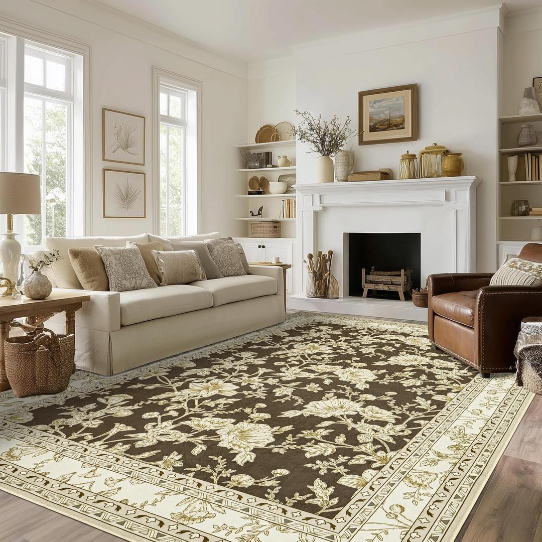 Brown Floral Print Area Rugs for Bedroom Boho Non Slip Washable Carpet 7x9 | Country Oriental Peony Design, Low Pile Soft Rug, with Non Slip Foldable, Floor Covering for Nursery, Playroom Living Room