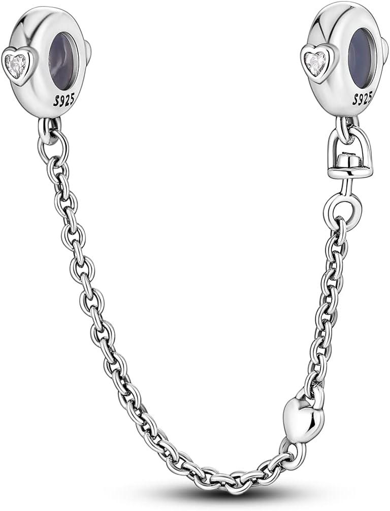 MULA 925 Sterling Silver Safety Chain for Charms Bracelets Dangle Pendants Beads Cute Cat Moon Flower Jewelry Charms for Women (Heart)