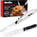 Mueller Ultra-Carver Electric Knife for Carving Meats, Poultry, Bread, Crafting Foam. Stainless Steel Blades, Powerful Motor, Ergonomic Handle, One-Touch On/Off Button, Serving Fork Included, White