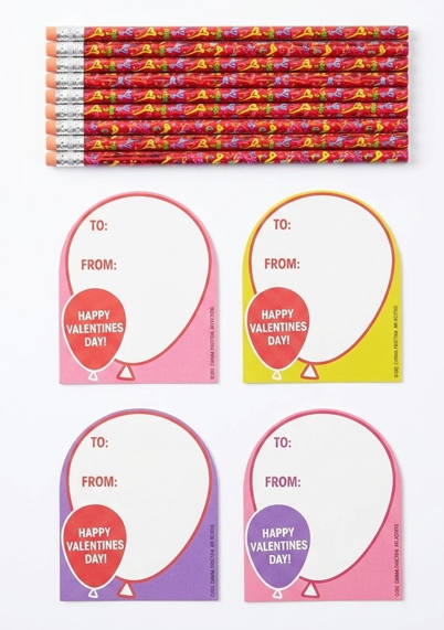 16 Pcs Valentines Pencils Balloon Shaped Valentines Day Gift Cards Balloon Wood Pencils with Eraser Top for Carnival Prize Classroom Exchange Party Favor