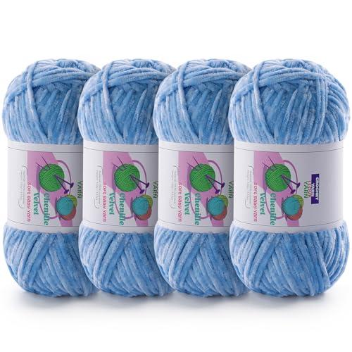 4 Skeins Soft Chunky Chenille Yarn, Plush Velvet Yarn for Hand Knitting and Crocheting, Fluffy Yarn for Crochet Blankets, Scarves, Hats（4×3.5oz, 4×131.2yds） (Light Blue)