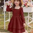 JiAmy Girls Dresses Square Neck Lantern Long Sleeve Ruched Smocked Back Double Layer Ruffle Dress (7-8 Years, Wine Red)