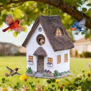 Bird Houses for Outside Rustic Cottage Birdhouse with Thatch Roof  Hand-Painted Resin Birdhouses for Outdoors for Bluebird Finches Cardinals Bird Nesting Garden, Patio, Yard (White)