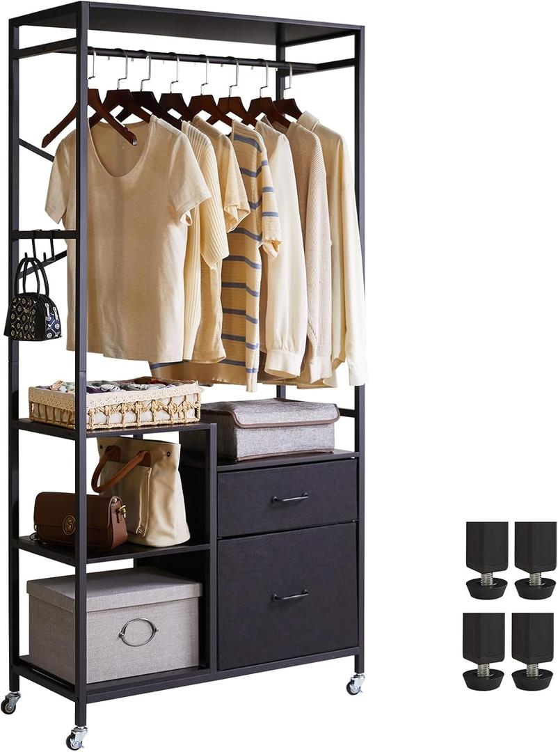 Aibiju Clothes Rack, Heavy Duty Garment Rack for Hanging Clothes, Industrial Clothing Racks with Shelves, 2 Fabric Drawers, 4 Hooks, 1 Hanging Rods Black YD-TM080B