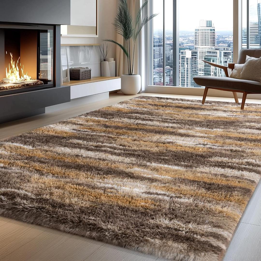 Fluffy Rugs for Bedroom Living Room, 4x6 Feet Abstract Brown Shag Area Rugs, Non-Slip Indoor Modern Fuzzy Plush Floor Carpet for Dorm Nursery Kids Room Decor, Soft Shaggy Throw Rug