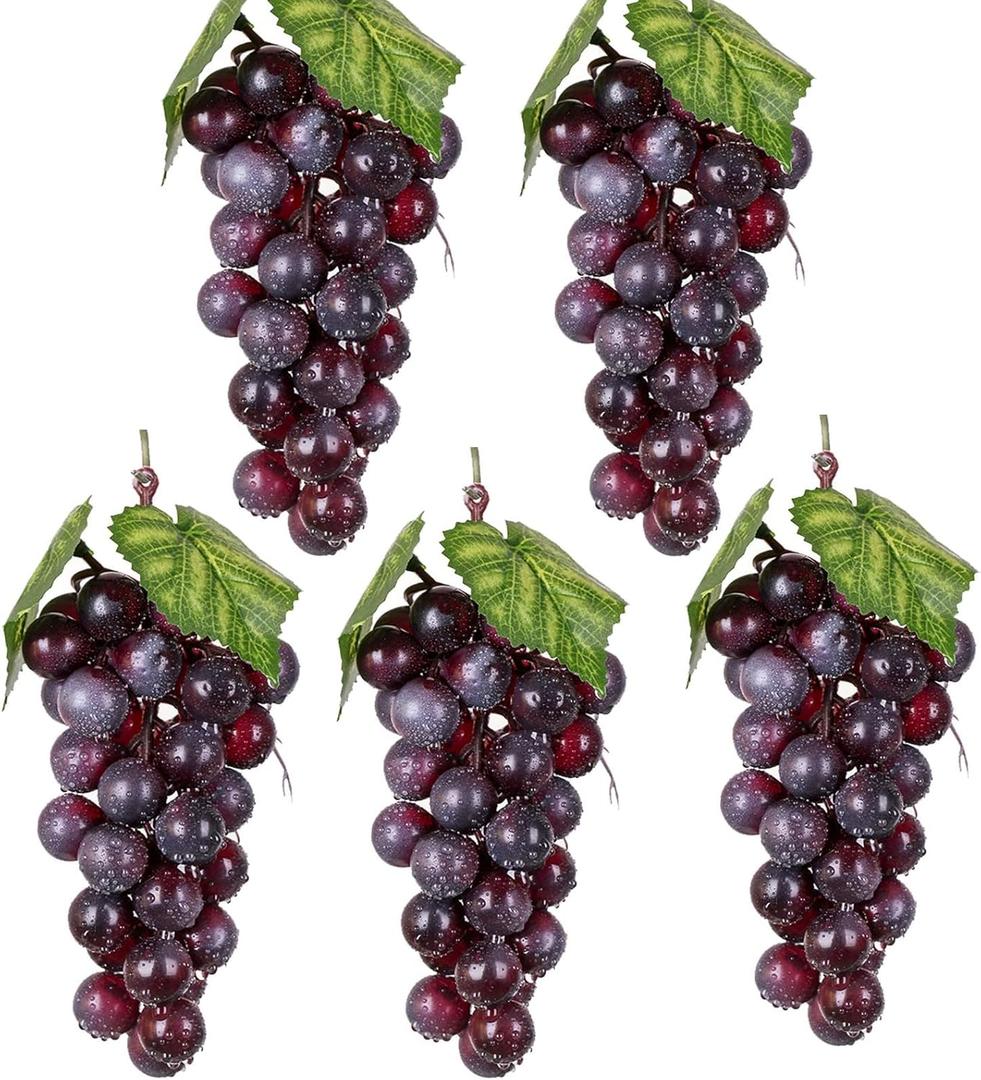 5pcs Purple Simulation Grapes Bunches Lifelike Artificial Grapes Fake Grape Bundle for Vines Decoration Kitchen Garland Decor Faux Fruit Props(36grains 7 Inches Long)