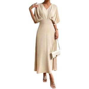 Floerns Women's V Neck Half Sleeve Ruched Cocktail Evening A Line Long Dress, S