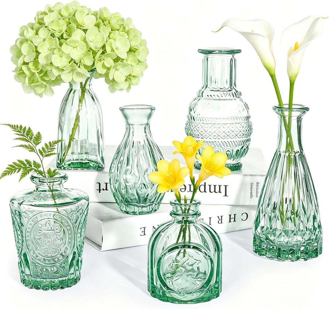 SUPMIND Glass Bud Vase Set, 6pcs Small Green Flower Vases for Table Centerpieces in Bulk, Mini Vintage Vase for Wedding, Home, Table Decoration