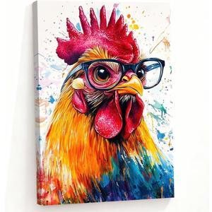 ZQQART Rooster Canvas Wall Art Funny Chicken Portrait Picture Prints Rustic Animal Painting Artwork Farmhouse Kitchen Decor Framed(White,12.00" x 18.00")