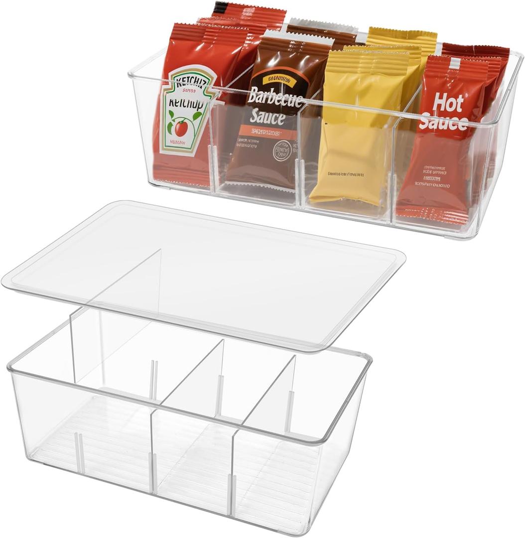 2 Pack Sauce Packet Organizer, Storage Box for Ketchup Packets, Hot Sauce Packets, and Condiment Packets, Made of Clear Plastic, Suitable for Kitchen Storage, Refrigerator Storage, One Lid Included
