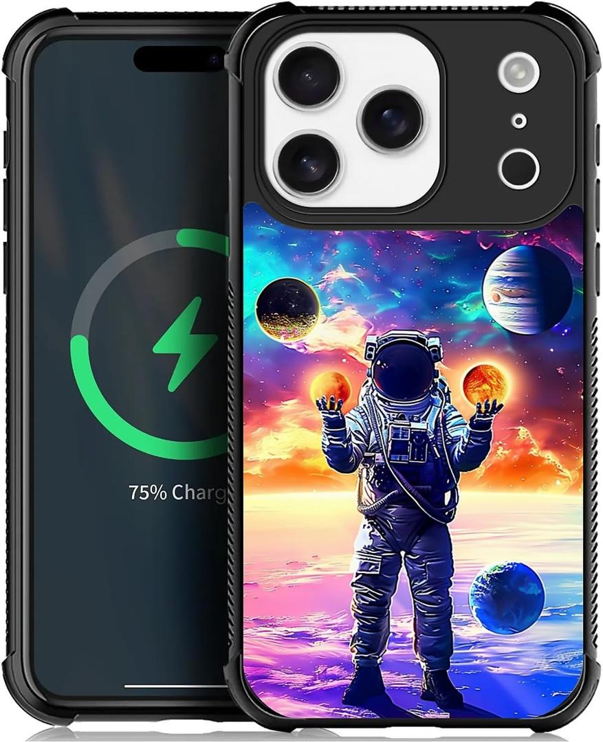 CARLOCA for iPhone 17 Pro Compatible with Magsafe Case Design for Girl Boy Shockproof Magnetic Charge Hard PC Back Case Esthetics Pattern Blue Astronaut'S Planet World