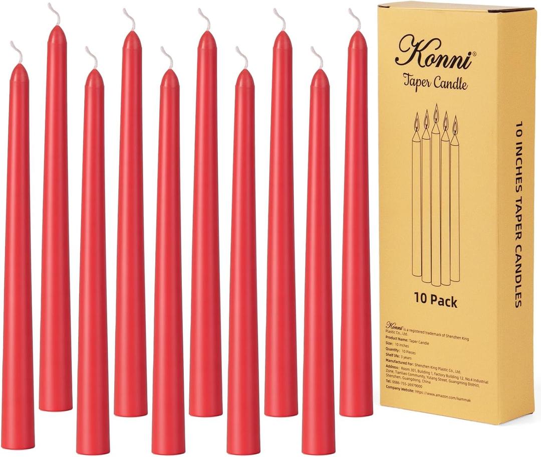 KONNI 0.8710 Inch Red Taper Candles, Unscented and Smokeless Tall Candlesticks, 10 Pack Tapered Candles with Cotton Wicks, Long Burning, Ideal for Weddings, Dinner Parties, and Home Dcor