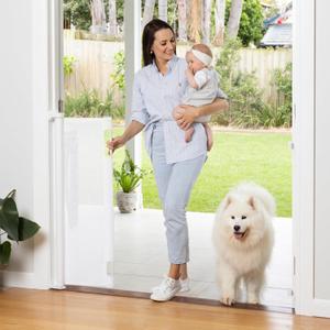 Retractable Baby Gate Perma Child Safety 41" Tall x 71 Wide, Mesh, for Stairs, Doorways, Dogs, Pets, Indoor, Outdoor, One-Handed Operation, Locking, Easy Install, Hardware Mount, White