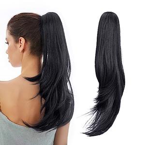 HEWEICSY Ponytail Extension, 20" Long Claw Hair Extension Synthetic Wavy Straight Hairpieces Clip in Ponytail Wig Daily Fluffy Pony Tail for Women, Deep Black