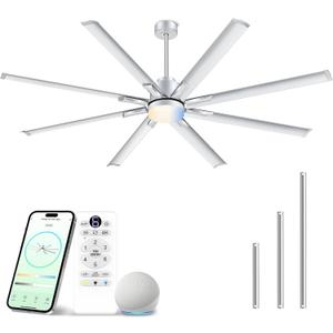 84 Inch Industrial Smart Ceiling Fan with Light, WiFi Alexa & Remote Control, 8 Brushed Nickel Aluminum Metal Blades, High CFM Extra Large Outdoor Ceiling Fan for Patios Garage Warehouse
