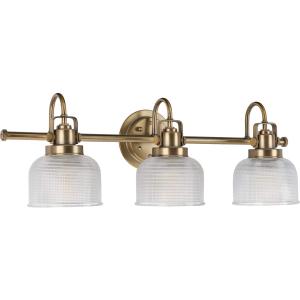 Progress Lighting P2992-163 Archie Collection Clear Double Prismatic Glass Coastal Bath Vanity, 3-Light, Vintage Brass, 26.25x7.25x8.75 in