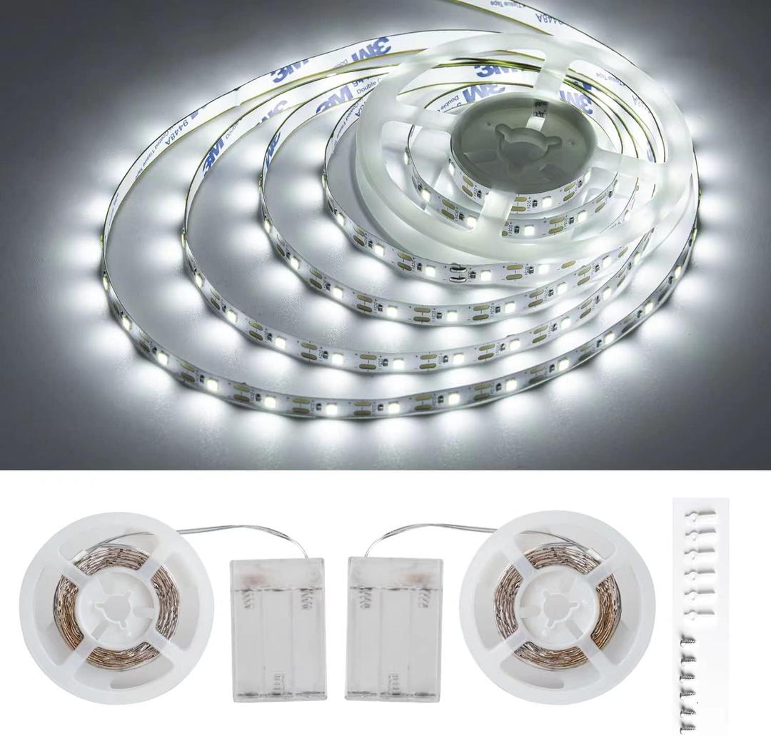 Battery Powered LED Strip Lights, 5V, Daylight White,Cuttable to Size, 13.2ft with 240 LEDs, Portable Lighting, Requires 3xAA Batteries (not Included), Not Waterproof, 2 Packs, Each 6.6ft.