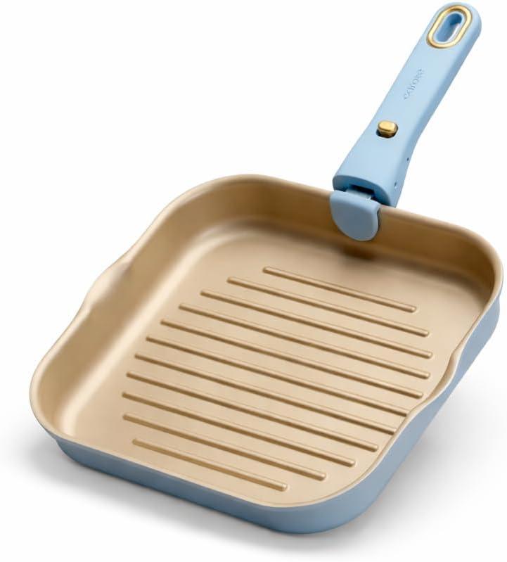 CAROTE 10 Inch Titanium Reinforced Nonstick Grill Pans for Steak, Non-Stick Grill Pans Sets with Detachable Handle, PFOS, PFOA Free, Gas & Induction Safe, All Stovetops Compatible, Blue