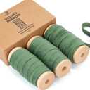 Vitalizart Green Velvet Ribbon Set 3/8" x 15 Yd Wooden Spool Fabric Trim 3 Rolls * 5 Yd for Christmas Wreath Decoration Handmade Craft Ornaments Gift Wrapping & Bow Making