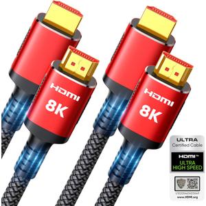 Snowkids 10K 8K Certified HDMI 2.1 Cable 10FT 2-Pack, 48Gbps Ultra High Speed HDMI Braided Cord, Support 8K@60Hz 4K@120Hz, HDCP 2.2&2.3,eARC,Dynamic HDR,Compatible with TV/HDTV/PS-5 (Red)