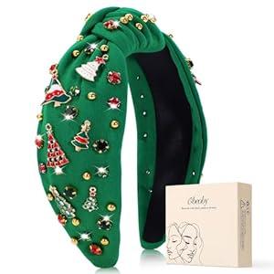 obeoby Christmas Headband for Women, Knotted Headbands with Christmas Tree Crystal Pearl Snowflake Decorations Holiday Hairband