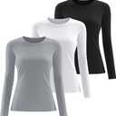 3 Pack Womens Compression Shirts Long Sleeve Crew Neck Tops Slim Fit Undershirts Workout Yoga Athletic (S)