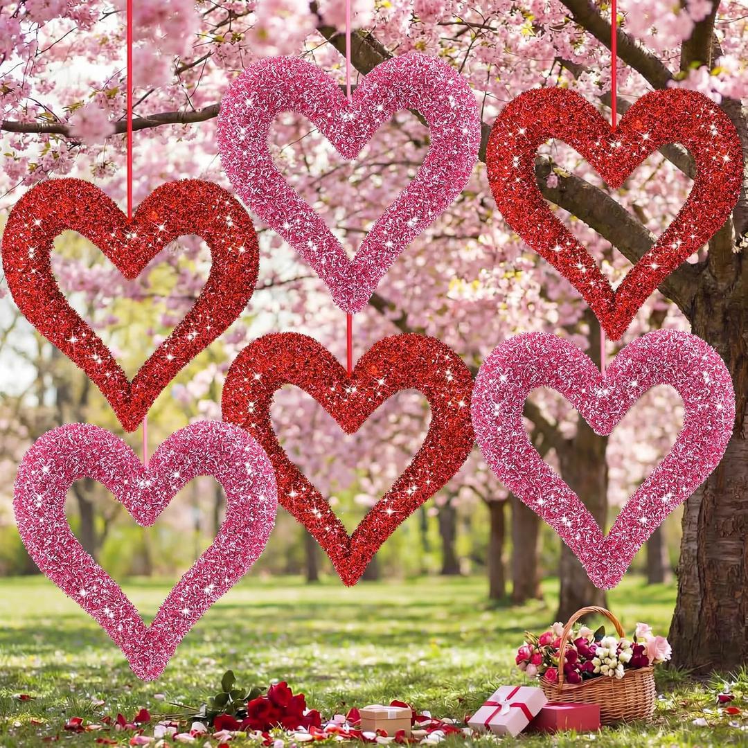 6 Pcs Large Heart Ornaments for Valentines 10'' 3D Glitter Heart Hanging Ornament for Tree Wreath Door Home Window Valentine's Day Wedding Holiday Decor(Red and Pink,Glitter Particles)