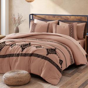 MaiRêve Embroidery Comforter Set, Boho Farmhouse Western Bedding Set, All Season Bed in A Bag Comforter Set with Sheets, Pillowcases & Shams, Dusty Pink King 7 Pieces