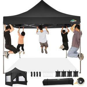 COBIZI 10x10 Pop Up Canopy Tent with 4 sidewalls Commercial Heavy Duty Canopy UPF 50+ All Weather Waterproof Outdoor Canopy Wedding Tents for Parties Gazebo with Roller Bag, Black (Windproof Upgraded)